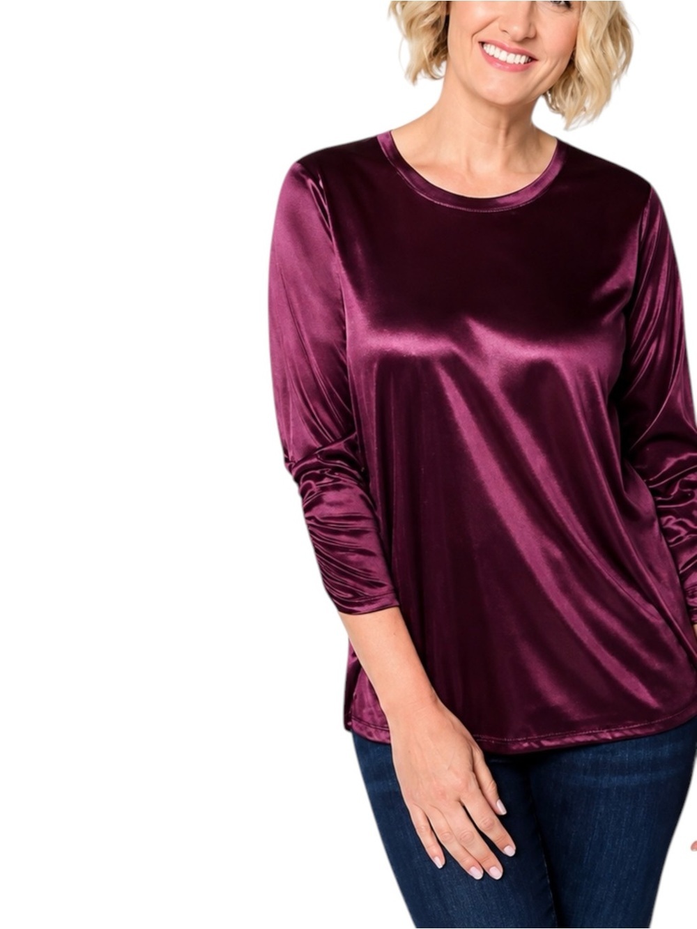 Logo by Lori Goldstein Satin Knit Long 3/4 Sleeve Tunic Top Size Large, Purple